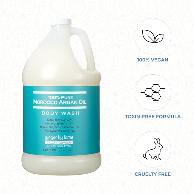 Ginger Lily Farms Salon Formula 100% Pure Morocco Argan Oil Body Wash for All Skin Types, 100% Vegan & Cruelty-Free, 1 Gallon Refill (Pack of 4)