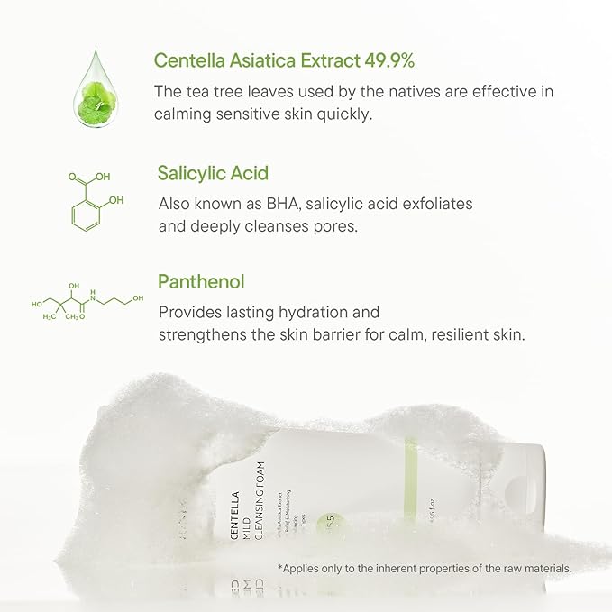 IUNIK Centella Mild Cleansing Foam – Centella Asiatica & BHA pH-Balancing Gentle Facial Cleanser for Soothing & Moisture Care, Korean Skincare for Oily, Dry & Sensitive Skin, 120ml / 4.05 fl oz