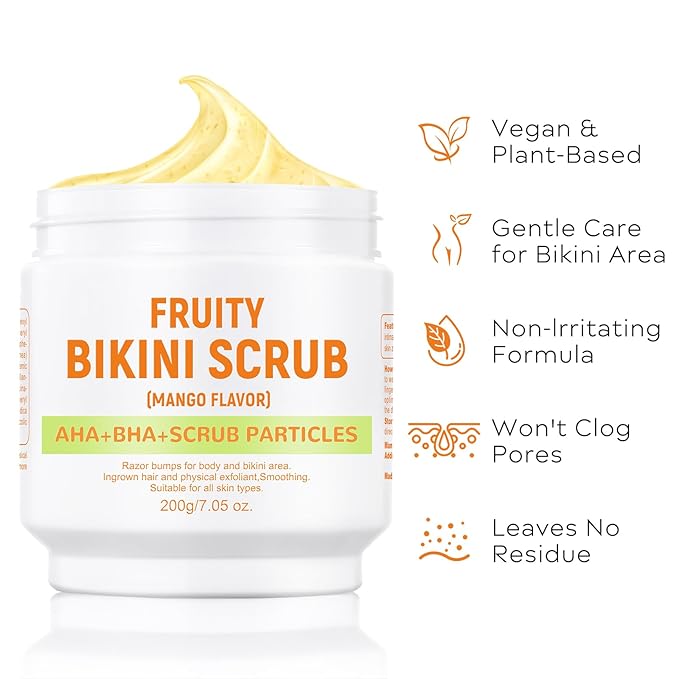 Bikini Area Exfoliator with Mango,Ingrown Hair & Razor Bump Scrub for Bikini,Underarm & Inner Thigh–Skin Smoothing,Moisturizing,Body Scrub For All the Skin (7.05oz)
