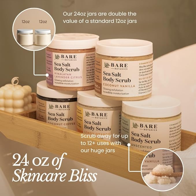 Bare Botanics Lavender Tea Tree Body Scrub 24oz | Made in Madison, WI | All Natural Sea Salt Exfoliator w/ Skin Loving Moisturizers | Vegan & Cruelty Free | Gift Ready Packaging w/ a Cute Wooden Spoon
