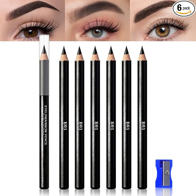 6Pcs Black Eyebrow Pencils for Women, Wooden Hard-Core Eyebrow and Eyeliner Pencil, Long Lasting Waterproof and Sweat-Proof, Beginner Makeup Brow Pencil With Pencil Sharpener (Black, 6Pcs)