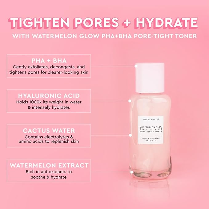 Glow Recipe Mini Watermelon Glow PHA + BHA Facial Toner & Pore Minimizer with Hyaluronic Acid (40 ml) + Mini Pink Juice Hydrating Face Moisturizer (25 ml)