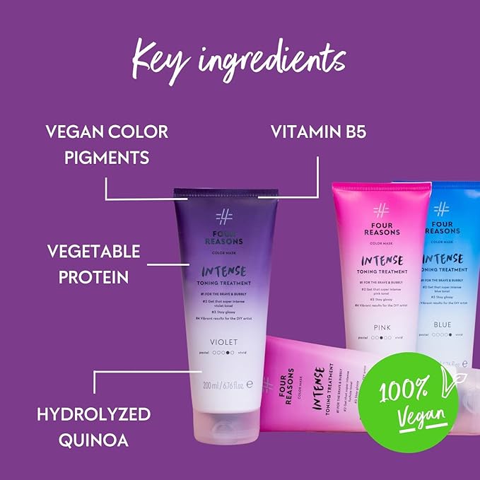 Four Reasons Color Mask INTENSE Violet (27 Colors) - Intensive Toning Treatment - Color Depositing Conditioner – Semi Permanent Purple Hair Dye for Lightened and Colored Hair– 100% Vegan, 6.76 fl oz