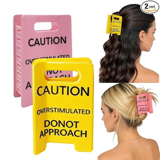 2PCS Excessive stimulation warning symbol hair clip, big yellow warning hair clip, persist partner I overstimulate, fun strong claw clamp (pink,yellow) large size