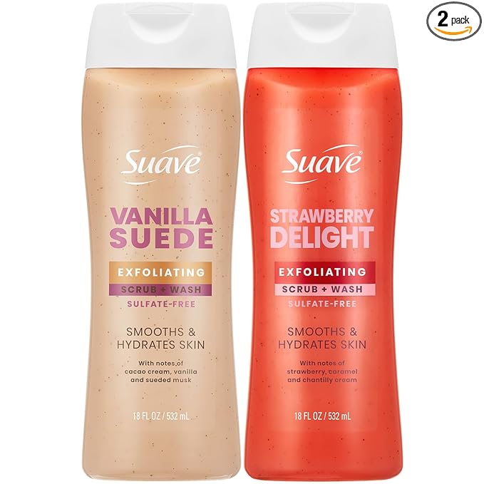 Suave Exfoliating Scrub + Wash Variety 2-Pack – Vanilla Suede & Strawberry Delight, Sulfate-Free Body Wash Set, 18 Oz Ea