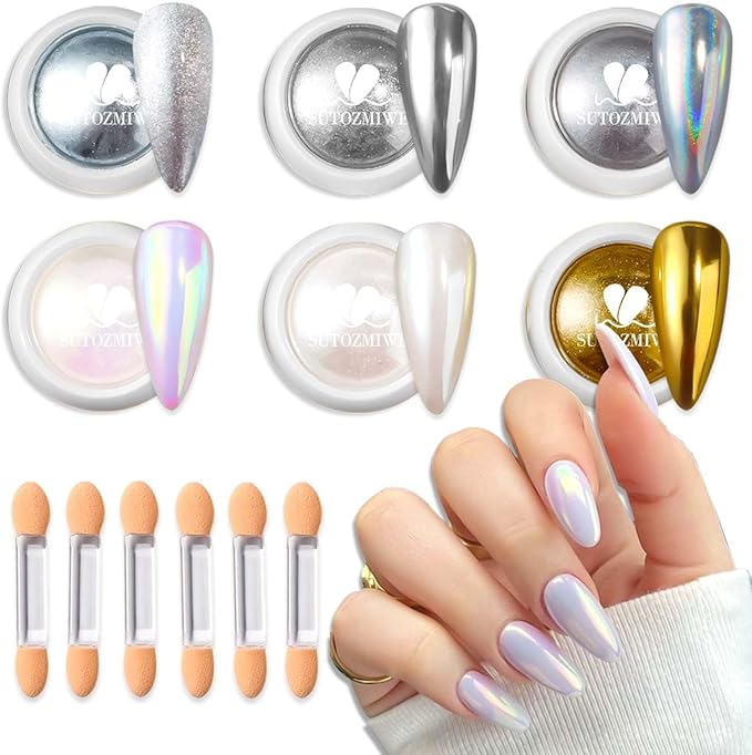 6 Colors Chrome Nail Powder,Gold Silver Super Metallic Effect Chrome Powder for Nails,Holographic Mirror Glitter White Pearl Pigment Dust Kit for Gel Polish Nail Art Decoration Manicure Nail Supplies