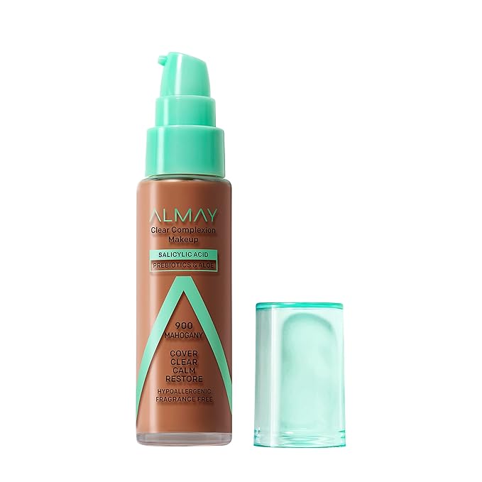 Almay Clear Complexion Acne Foundation Makeup with Salicylic Acid, Medium Coverage, Soft Matte Finish, Hypoallergenic, Cruelty- & Fragrance-Free, Dermatologist Tested, 900 Mahogany, 1 fl oz