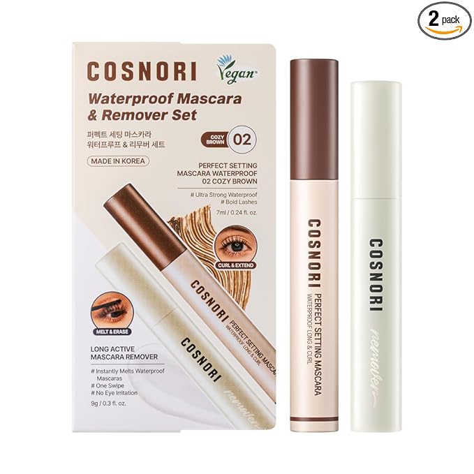 COSNORI Waterproof Mascara & Remover Set 02 Cozy Brown - Ultra-Strong Waterproof Mascara with Gentle Eye Makeup Remover, Smudge-Proof & Easy Cleansing Duo (02 Cozy Brown + Mascara Remover)