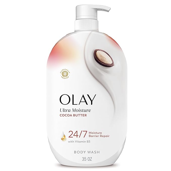 Olay Body Wash for Women, Ultra Moisture, 24/7 Moisture Barrier Repair, Hydrating Formula for Visibly Healthy Soft Skin, Vitamin B3 & Hyaluronic Blend, For All Skin Types, Cocoa Butter Scent, 35 fl oz