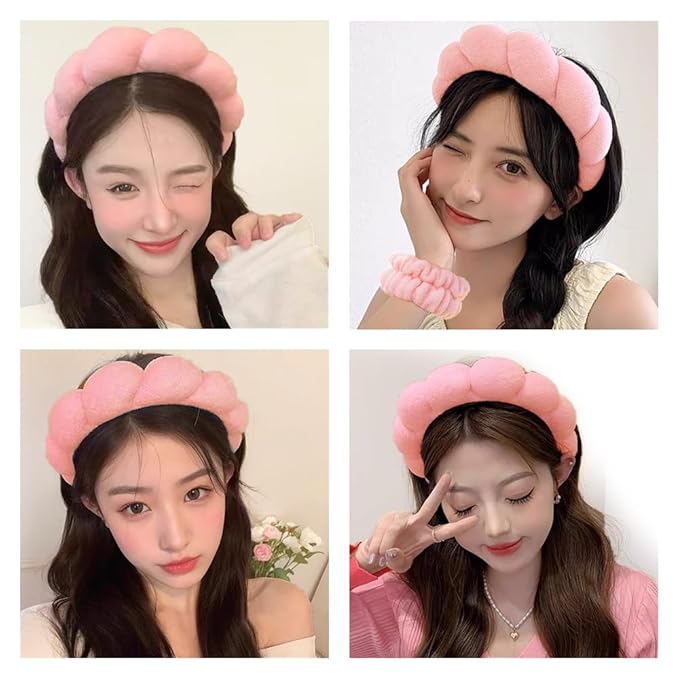 Spa Headbands for Washing Face Wristband Set Sponge Makeup Skincare Headband Wrist Towels Bubble Soft Terry Towel Cloth Hairband for Women Puffy Headwear Non Slip Thick Thin Hair Headwear (Peach pink)