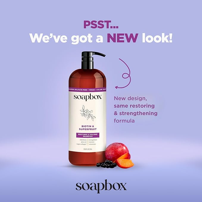 Soapbox Biotin & Super Fruit Shampoo & Conditioner Set, Leaves Hair Volumized & Strengthened - Clean Ingredients Free of Harsh Chemicals, Sulfates, Parabens & Silicones - 1 Liter Each