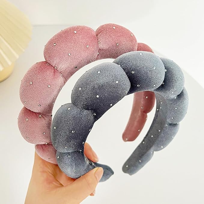 Spa Headbands Puffy Makeup Skincare Headbands for Washing Face or Facial, Terry Cloth Fabric Hairbands for Makeup Removal Shower Skin Treatment(Grey, Rhinestone)