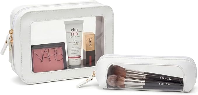 LETGO 2 Pack Clear Makeup Bag Set - Travel Toiletry Organizer for Women, Waterproof Cosmetic Makeup Pouch Portable Makeup Brush Case Car Accessories for Women Men (2Pack-Standard&Slim, Beige)
