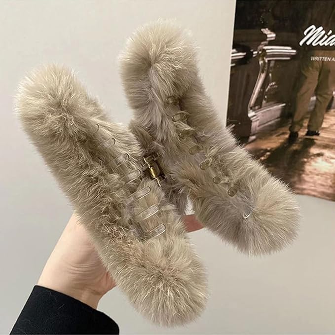 YOYLMAL Large Faux Fur Hair Claw Clip for Women, 5.1 Inches Winter Fluffy Fuzzy Hair Clips, Nonslip Strong Hold Furry Big Jaw Clamp for Thick Long Hair (Coffee)