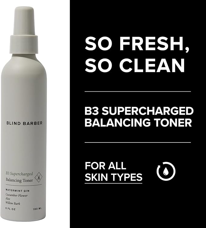 Blind Barber B3 Supercharged Balancing Toner - Mens Toner with Refreshing Minty Scent - Formulated with Cucumber, Aloe & Willow Bark to Hydrate & Balance Skin - Toners for Men (6oz / 180ml)