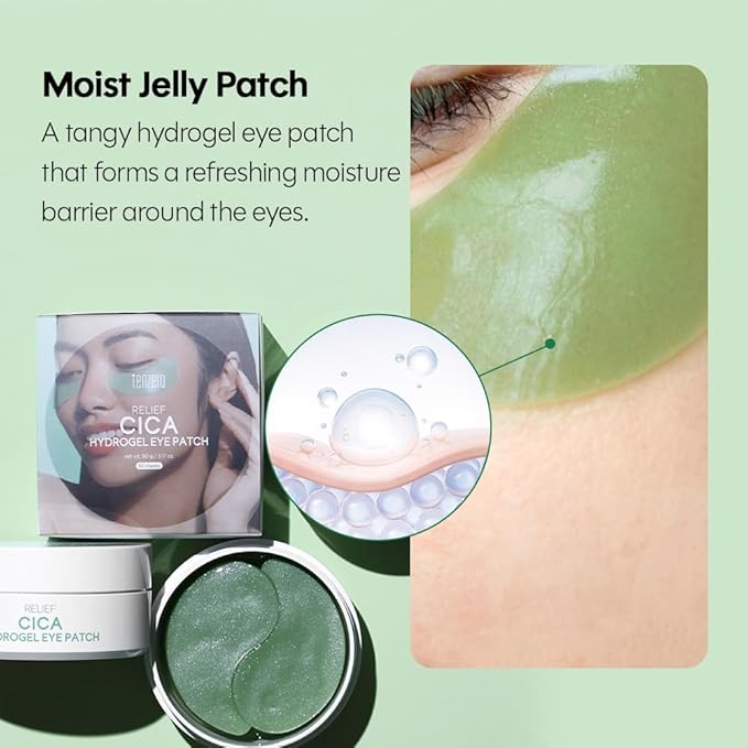 tenzero Relief Cica Hydrogel Eye Patch 60 Patches (90g), Centella Treatments for Puffy Eye, Fine Lines, Soothing, Eye Puffiness Reducer, Hydrating Eye Pads, Korean Under Eye Masks Skincare
