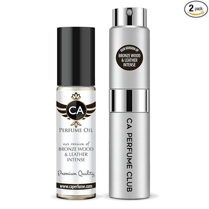 CA Perfume Duo Impression of Bronze Wood & Leather Intense For Women And Men Perfume Layering Set Long Lasting Travel Size EDP + Body Oil Roll-On Bottle 0.27 Fl Oz+0.33 Fl Oz