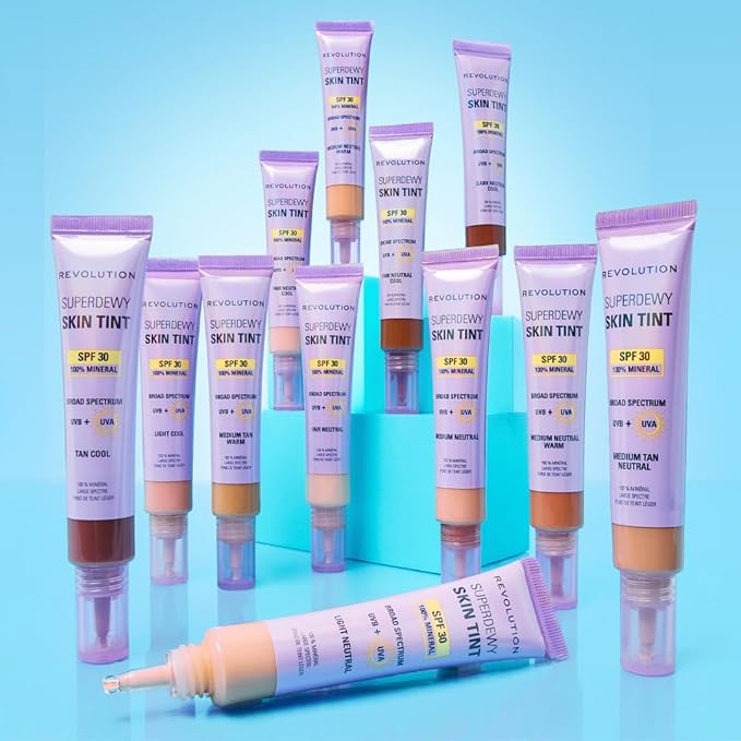Revolution Superdewy SPF 30 Skin Tint, Tinted Mineral Face Foundation, Buildable Coverage for Facial Glow, 12% Zinc Oxide, Vegan & Cruelty-Free, Tan Cool