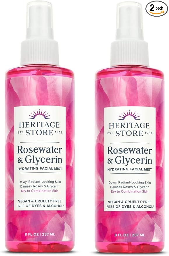 HERITAGE STORE Rosewater & Glycerin 2-pack - Hydrating Facial Mist - Dry Combination Skin Care - Rose Water Spray with Vegetable Glycerine - Made Without Dyes or Alcohol, Hypoallergenic, Vegan, 8oz ea