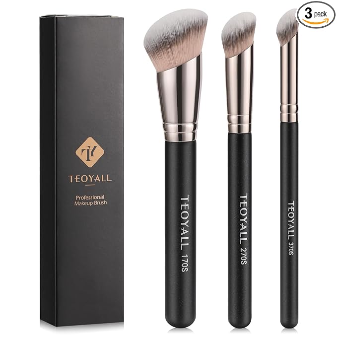 TEOYALL Foundation Contour Conceal Brush Set, 3PCS Angled Synthetic Kabuki Brush for Blending Setting Buffing with Liquid, Cream and Powder Cosmetic (170S/270S/370S)