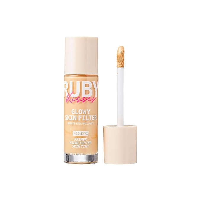 Ruby Kisses Glowy Skin Filter Foundation - All-in-1 Primer, Skin Tint & Highlighter, Hydrating Light Coverage with Squalane, Natural Dewy Finish, Luminous & Radiant Glow (Light)