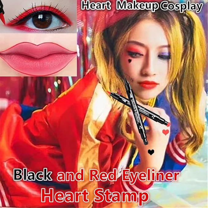 Go Ho 2 PCS Waterproof Liquid Eyeliner Stamps,Double-side Black&Red Smudge-proof Eye Liner,Heart Stamp Eyeliner for Halloween Costumes Makeup,Long-lasting Love Tattoo Tools