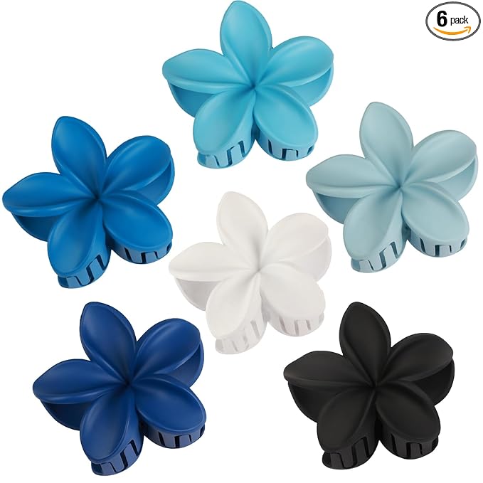 CHANDAT Flower Hair Clips 6 PCS Hawaiian Claw Clips for Vacation Hibiscus Hair Claw Cute Large Hair Clips for Thick and Thin Hair Plumeria Hair Accessories for Women Girls -Blue