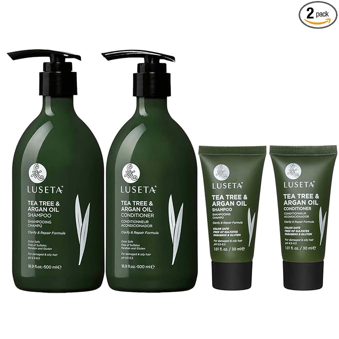 Luseta Tea Tree Shampoo and Conditioner Set - Full and Travel Size for Oily Hair, Clarifying Dandruff with Argan Oil Repair (2x16.9 fl oz + 2x1.01 fl oz)