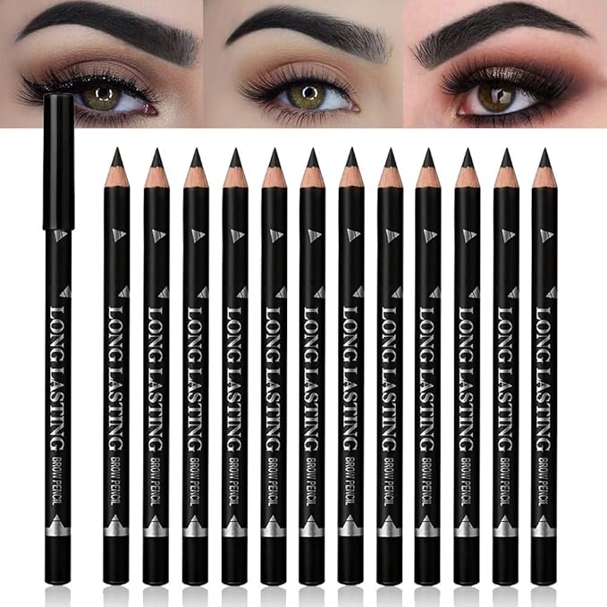 WanTuoluo Eyebrow Pencils for Women, 12Pcs Hard-Core Wooden Eye Brow Eye Liner Pen for Beginner Makeup, Waterproof & Sweat-Proof (12Pcs-Black-Eyebrow Pencils)