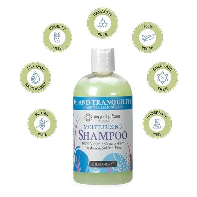 Ginger Lily Farms Botanicals Moisturizing Shampoo for All Hair Types, Island Tranquility, 100% Vegan & Cruelty-Free, Green Tea Lemongrass Scent, 12 Fl Oz