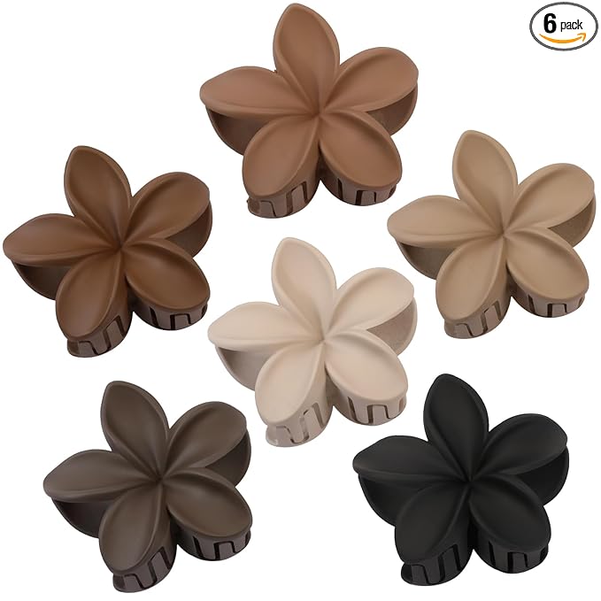 CHANDAT Flower Hair Clips 6 PCS Hawaiian Claw Clips for Vacation Hibiscus Hair Claw Cute Large Hair Clips for Thick and Thin Hair Plumeria Hair Accessories for Women Girls -Coffee