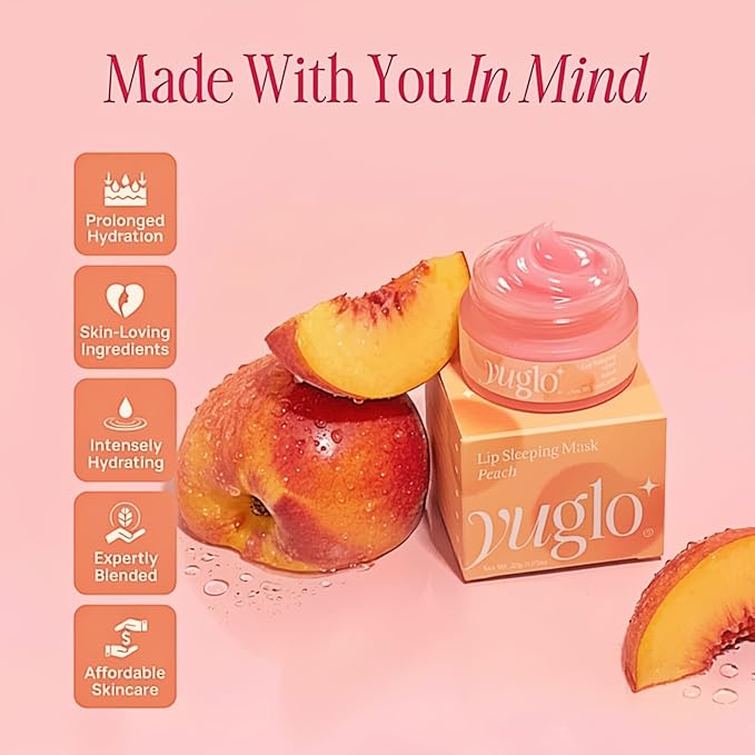 YUGLO Lip Sleeping Mask Peach | Overnight Lip Mask & Lip Gloss Balm | Hydrating Lip Moisturizer for Dry Lips | Lip Plumping Glossy Finish | Lip Conditioner Overnight