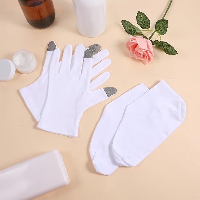 4 Pairs White Cotton Moisturizing Socks Gloves Overnight for Dry Feet Hands, Cotton Moisture Lotion Sleeping Overnight Socks Gloves for Women Girls Dry Feet Hands Healing Repairing Softening