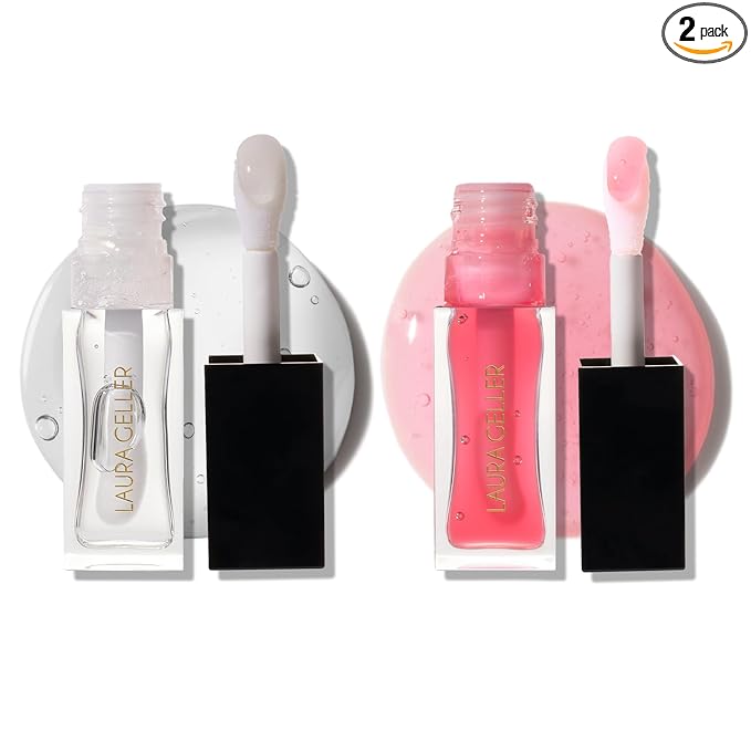 LAURA GELLER NEW YORK Fine Shine Glossy Lip Oil Duo, Sweet Pink + Glass Half Full - Clear Pink Lip Gloss with Hydrating Squalane