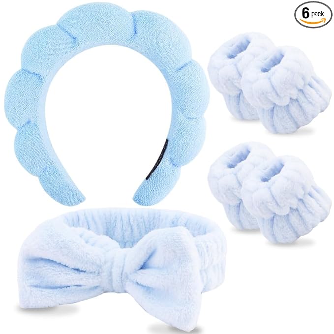 AOPRIE SPA Headbands for Washing Face Makeup Headbands with Bow Hair Band Women Facial Head Band Wrist Towel Wraps Venus Shower Face Mask Blue, 6 Pack