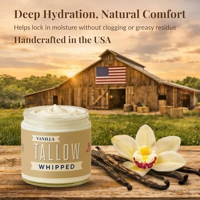 Whipped Tallow 9oz - All Natural Face Cream + Whole Body Moisturizer for Dry Skin - Made With Scented Oil Blend - No Preservatives, Parabens or Seed Oils - USA Made (Vanilla)