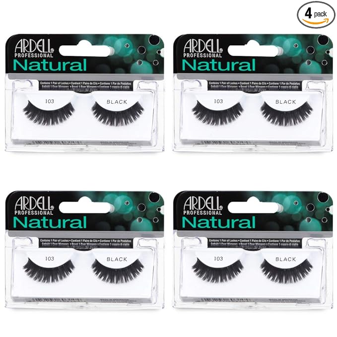 Ardell Natural False Eyelashes, 103 - Black, Soft & Lightweight, Comfortable Strip Lashes, 4 Pack