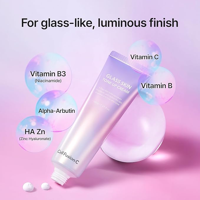 Cell Fusion C Glass Skin Tone Up Cream, Vitamins + Alpha-Arbutin - Natural Makeup Look, For Bright, Even Skin Tone, 50ml / 1.69 fl.oz.