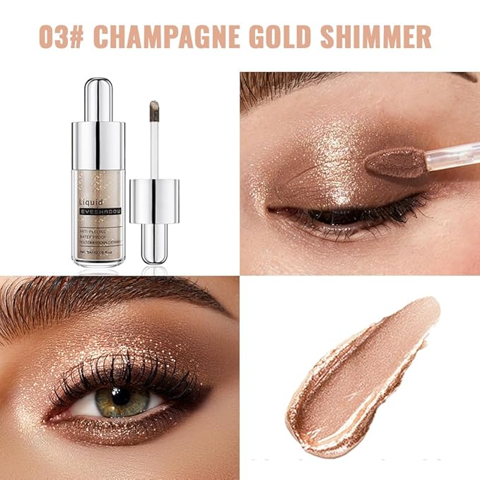Gold Shimmer Liquid Eyeshadow, High Pigment Blendable Eye Makeup for Older Women, Long Lasting Lightweight Travel Friendly, Suitable for All Eye Shapes, Metallic Glitter Finish 03#