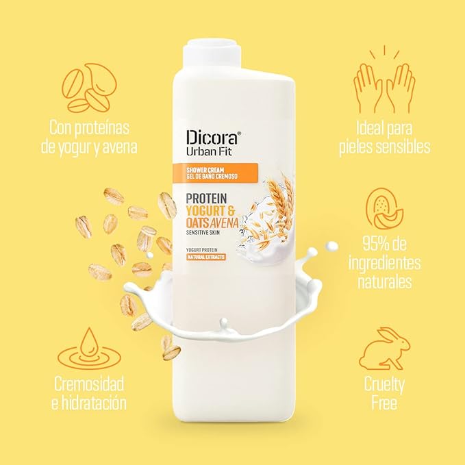 Dicora Urban Fit Shower Cream - Hydrating In Shower Body Lotion - Wet Shower Moisturizer for Sensitive Skin - Protein Yogurt and Oats Avena - 25.4 oz (Pack of 2)