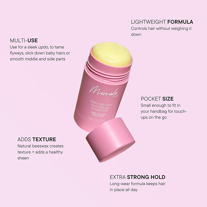 Mermade Hair Styling Wax Stick - Hair Wax Stick, Fly Away Stick for Hair, Slick Back Stick for Flyaways, Smoothing for Frizz, Long Lasting Hold - Pink (Pack of 1)
