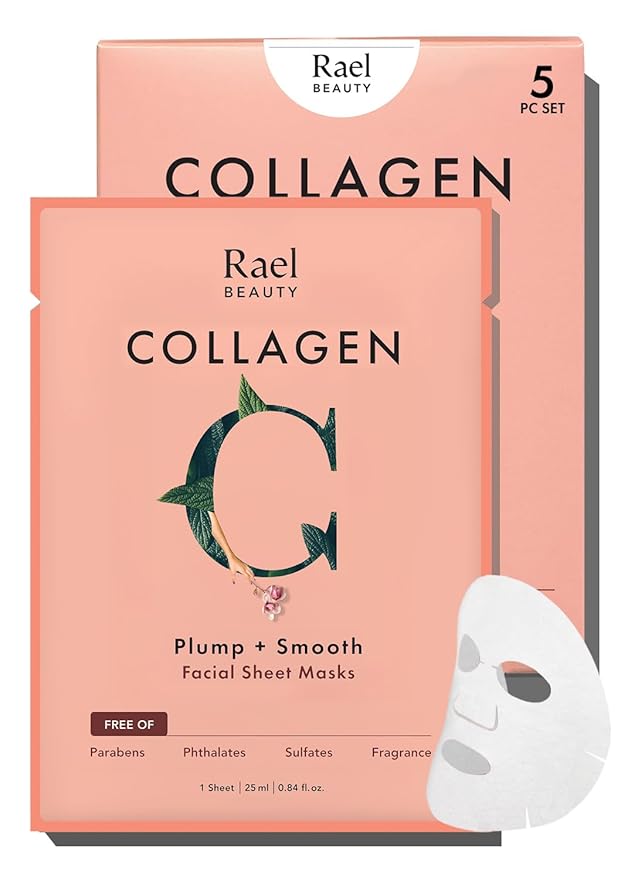 Rael Face Mask Skin Care, Collagen Face Masks - Bamboo Facial Sheet Mask, Korean Skincare, with Collagen Essence and Fruit Extracts, Nourishing and Hydrating, All Skin Types (Collagen, 5 Sheets)