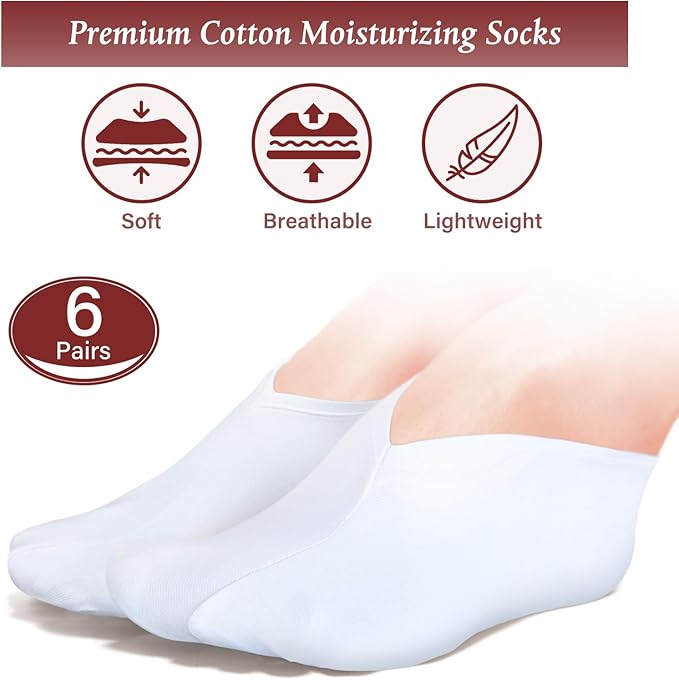 Geyoga 6 Pairs Moisturizing Socks Overnight for Dry Feet Spa Cotton Moisture Enhancing Cosmetic Socks for Women and Men, White