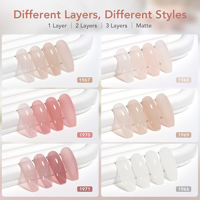 GAOY Milky Jelly Nude Gel Nail Polish Set, 6 Transparent Colors Sheer White Pink Soak Off UV Light Cure Gel Polish Kit for Salon and Nail Art DIY at Home