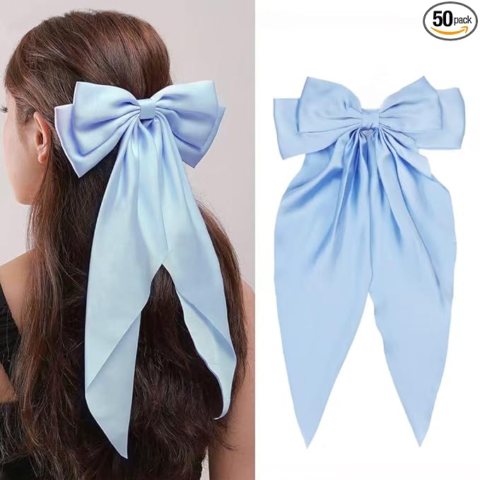 Silky Satin Oversized Long-tail Bow Clip, Large champagne color Hair Bow for Women Girl, Hair Accessories with Long Tail, 1Pcs(#Sky Blue)