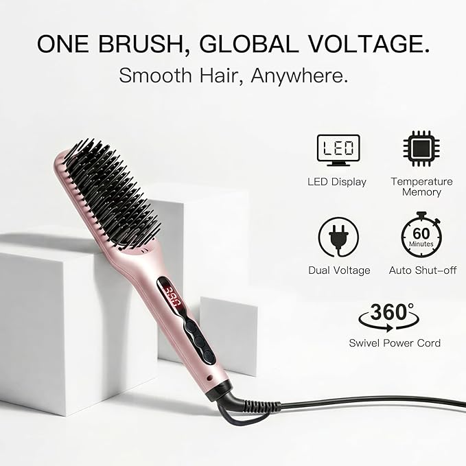 MEGAWISE Hair Straightener Ceramic Brush – Flat Iron Hot Brush, Anti-Scald, Dual Voltage, Rotatable Cord, Auto Shutoff, Anti-Frizz – for All Hair Types (Pink)