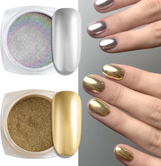Chrome Nail Powder Set, 6 Color Gold Silver White Chrome Glitter Metallic Mirror Effect for Nalis Pearlescent Nail Art Holographic Pigment Dust Kit for Gel Polish Decoration Manicure Supplie