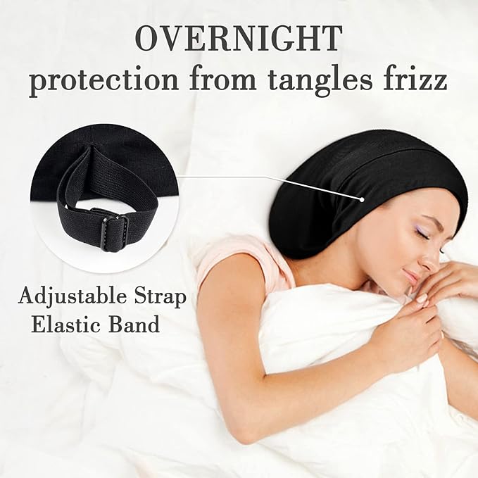 LULUSILK Mulberry Silk Bonnet for Sleeping Women, Real Silk Sleep Cap for Curly Hair and Braids, Pure Silk Head Wrap with Scrunchies, Black