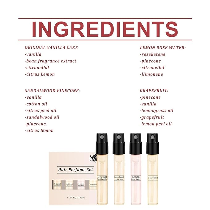 Hair Perfume For Women Long Lasting, 4pc Set with Original Vanilla Cake, Sandalwood Pinecone, Lemon Rose Water & Grapefruit, Hair & Pillow Mist for Daily Use | Lightweight Perfume Spray Gift Set