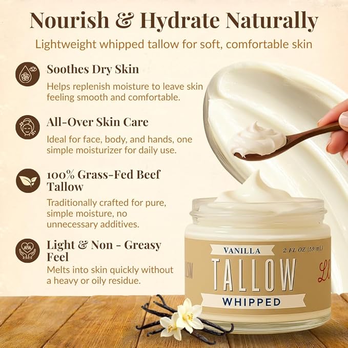 Whipped Tallow 2oz - All Natural Face Cream + Whole Body Moisturizer for Dry Skin - Made With Scented Oil Blend - No Preservatives, Parabens or Seed Oils - USA Made (Vanilla)